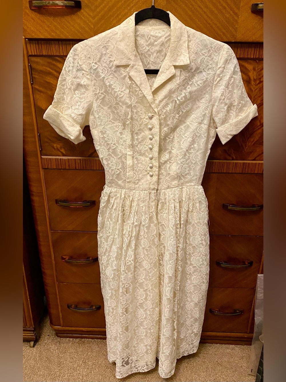 Vintage Midcentury MCM Ivory Floral Lace Mid-Length Casual Button Dress